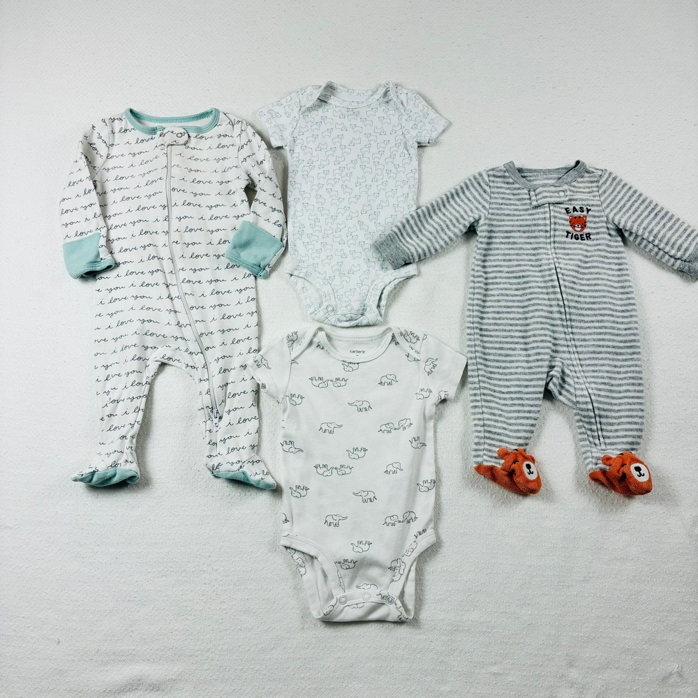 Carter's Baby Boy 4pc Lot Bodysuits Sleepers Cotton Terry Animal Gray Teal 3M‎